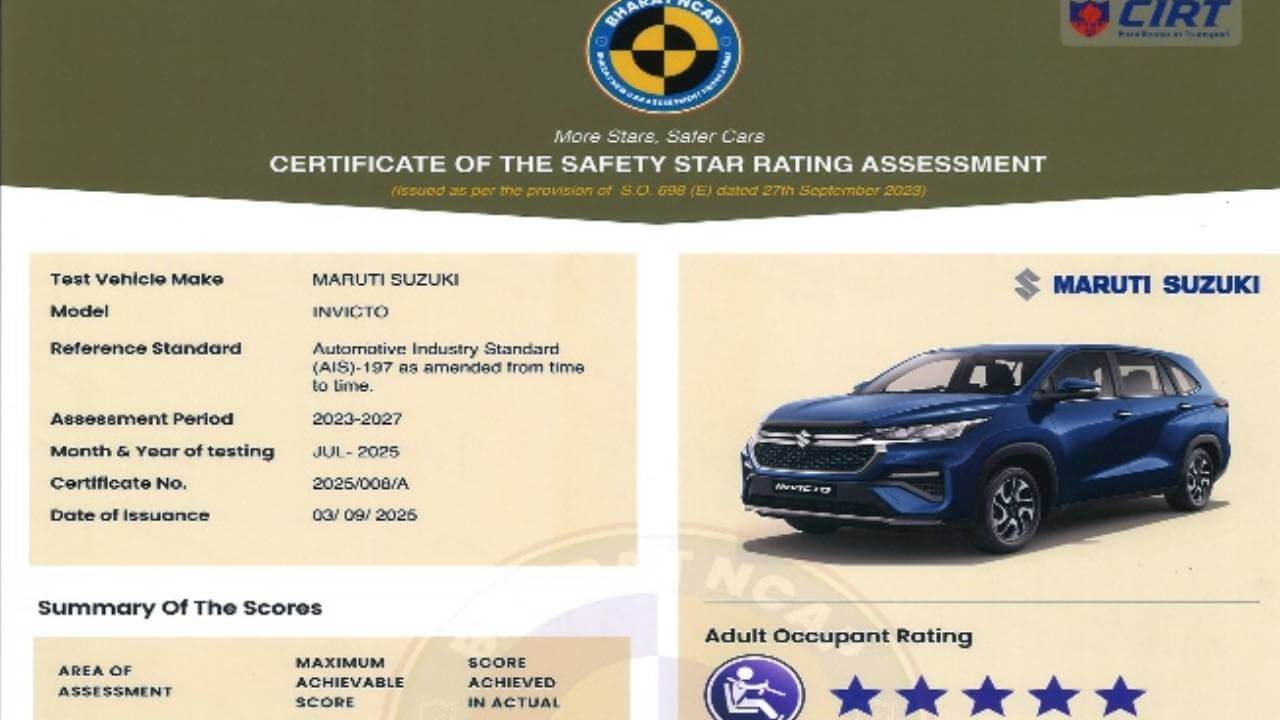 Maruti Suzuki INVICTO को Bharat NCAP में 5-स्टार सुरक्षा रेटिंग, 6 एयरबैग्स से और महफूज रहेंगे आप