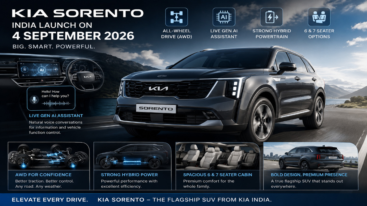 4 सितंबर को आ रही Kia Sorento, हाइब्रिड इंजन के साथ AWD और स्मार्ट AI असिस्टेंट