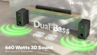 Feel the 660W Power, Dual Subwoofers & Dolby Audio® Blast Through Your Soul (5.2 Channel Soundbar, Platinum Black, Ambient Green LEDs)