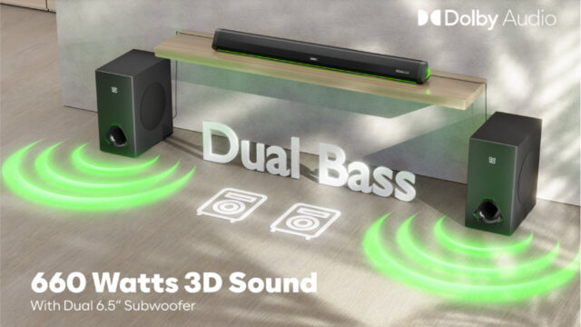 Feel the 660W Power, Dual Subwoofers & Dolby Audio® Blast Through Your Soul (5.2 Channel Soundbar, Platinum Black, Ambient Green LEDs)