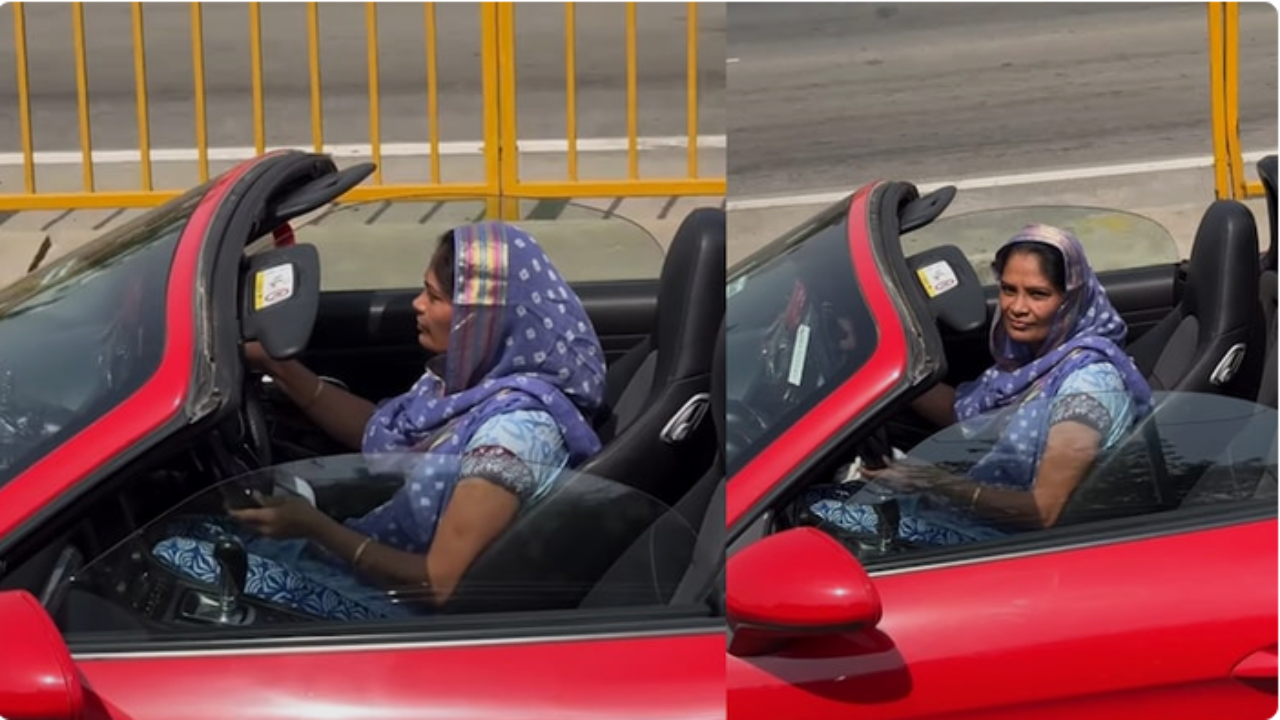 ओपन Porsche में देसी गर्ल, सिर पर दुपट्टा और हाथ में लाल कार की स्टियरिंग